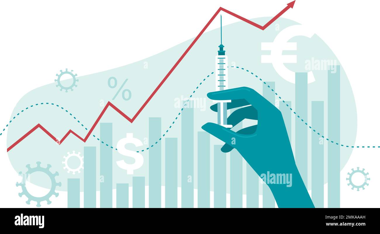 Impatto della scoperta del vaccino coronavirus COVID-19 2019-ncov sul mercato azionario. Mano del medico nel guanto medico che tiene siringa con vaccino shot.Flat Vector il Illustrazione Vettoriale