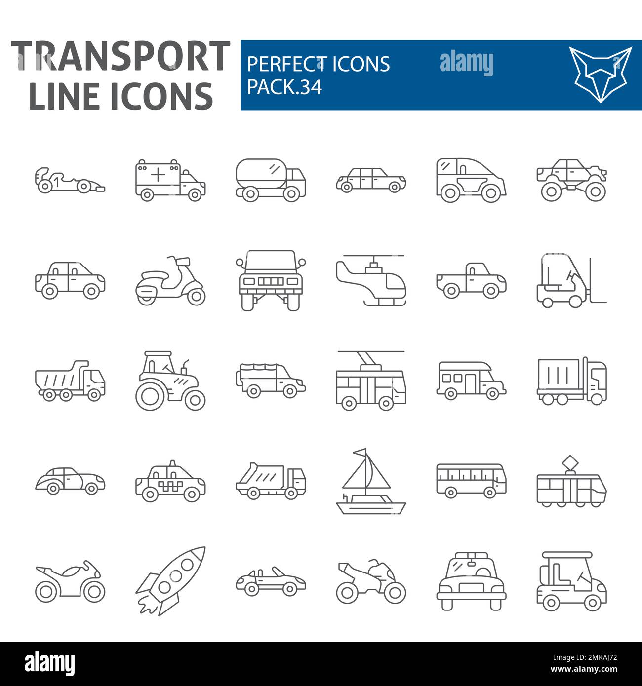 Set di icone a linee sottili per il trasporto, collezione di simboli dei veicoli, schizzi vettoriali, illustrazioni dei logo, pacchetto di pittogrammi lineari dei segnali stradali isolato su sfondo bianco, eps 10. Illustrazione Vettoriale