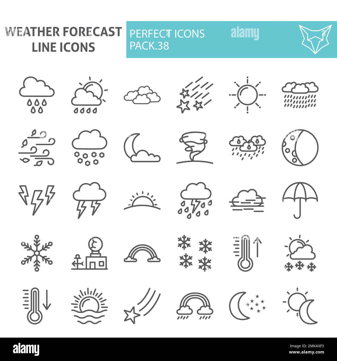 Set icone linea previsioni meteo, collezione simboli climatici, schizzi vettoriali, illustrazioni logo, pittogrammi lineari segni meteorologici isolato su sfondo bianco, eps 10. Illustrazione Vettoriale