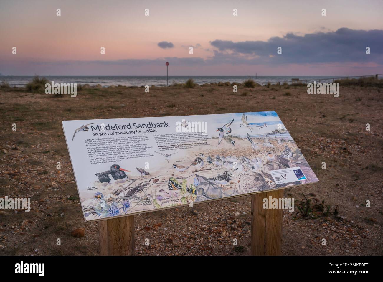 Cartello segnaletico per la fauna selvatica presso Mudeford Sandbank Mudeford spit nei pressi di Hengistbury Head, Christchurch, Dorset, Inghilterra, Regno Unito Foto Stock