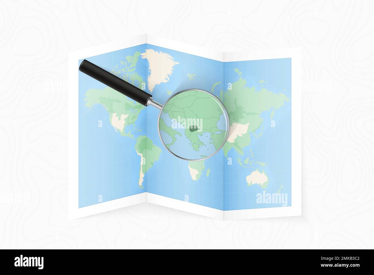 Ingrandire la Macedonia con una lente d'ingrandimento su una mappa piegata del mondo. Mappa vettoriale su carta. Illustrazione Vettoriale