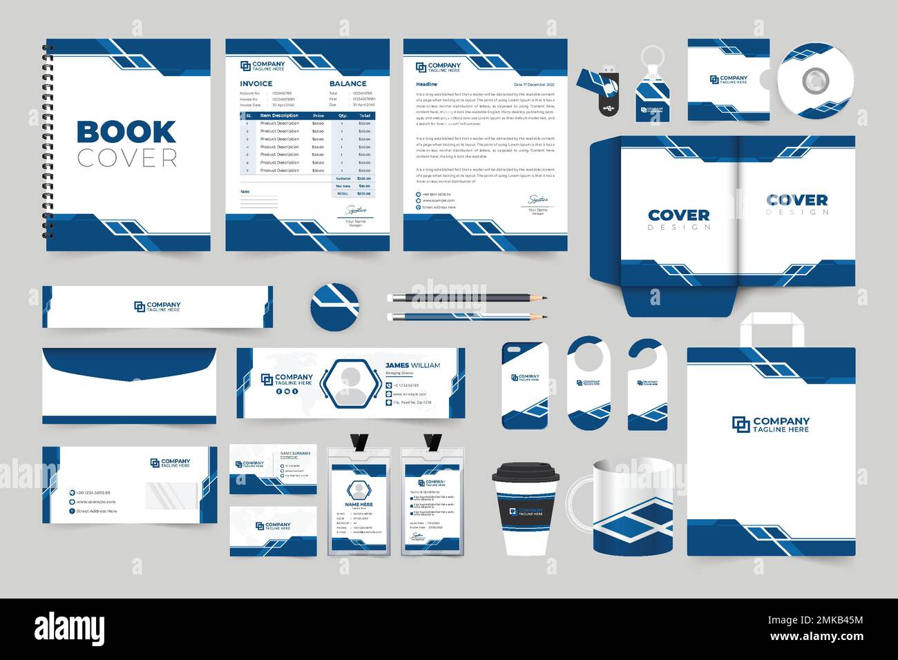 Modello creativo di promozione del marchio con forme blu scuro. Brand Identity design Collection. Design banner promozione aziendale per il marketing. Offic Illustrazione Vettoriale