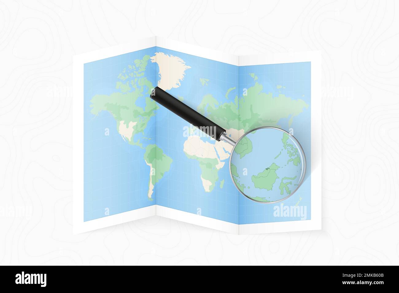 Ingrandire Brunei con una lente d'ingrandimento su una mappa piegata del mondo. Mappa vettoriale su carta. Illustrazione Vettoriale