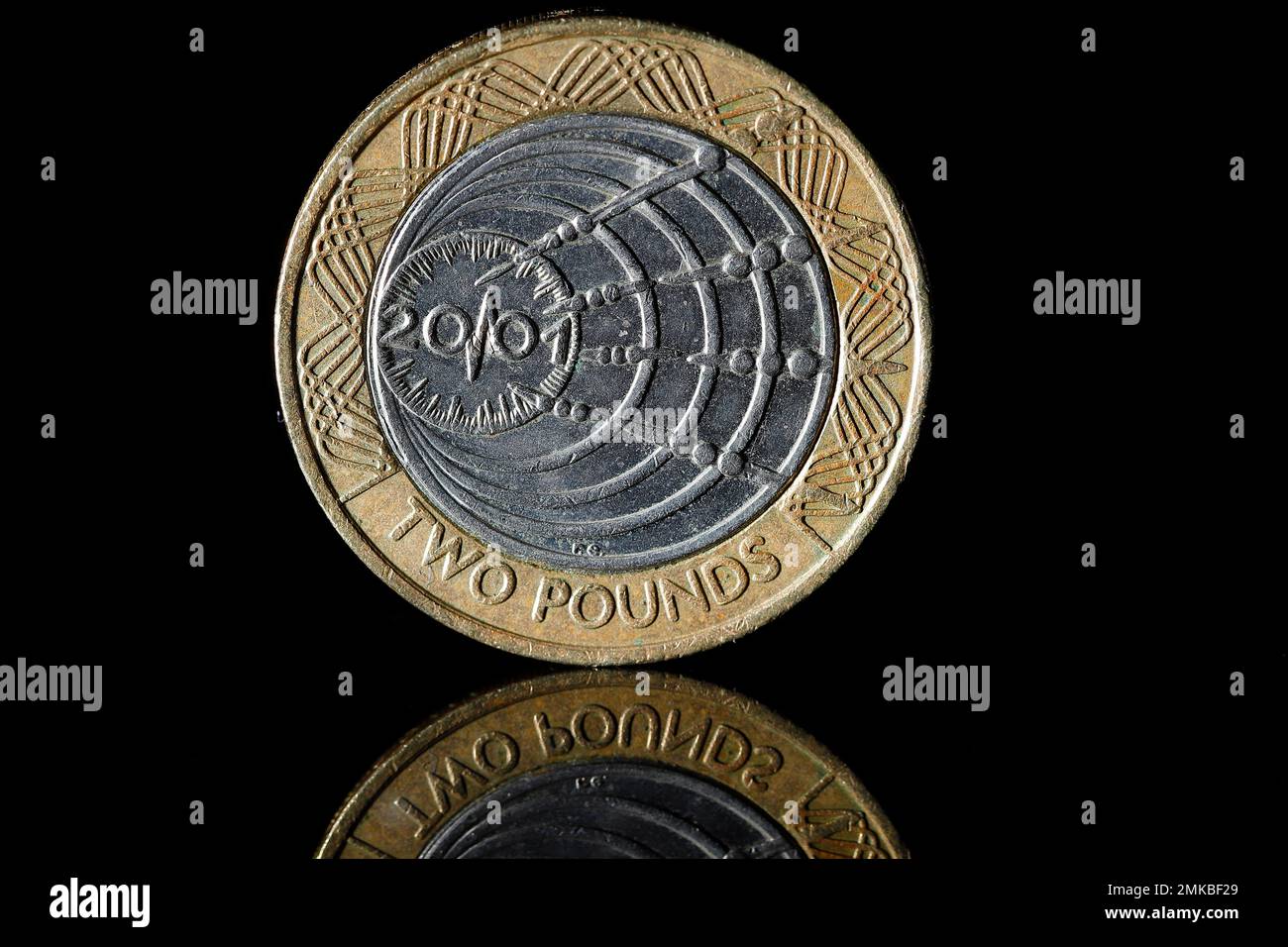 Il retro di una moneta da $£2 per commemorare i primi segnali radio che attraversano l'Oceano Atlantico Foto Stock