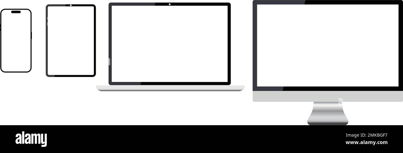 Set di smartphone realistici per computer portatili con schermo trasparente. Modello di gadget per tablet, mockup per i dispositivi portatili dei computer portatili dei gruppi PC. Telefono iPad e m Illustrazione Vettoriale