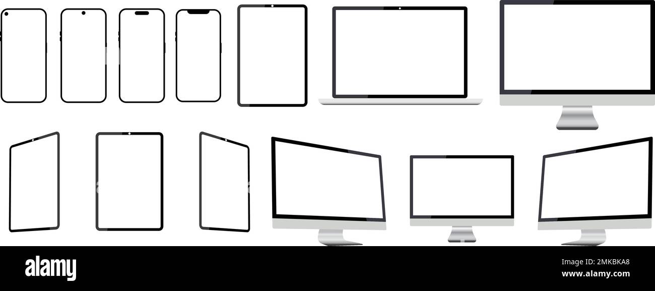 Set di smartphone realistici per computer portatili con schermo trasparente. Modello di gadget per tablet, mockup per i dispositivi portatili dei computer portatili dei gruppi PC. Telefono iPad e m Illustrazione Vettoriale