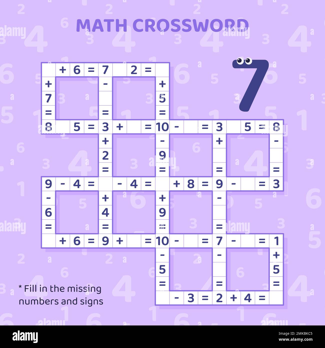 Math Crossword puzzle per bambini. Aggiunta e sottrazione. Illustrazione Vettoriale