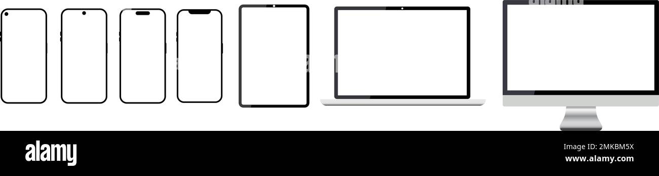 Set di smartphone realistici per computer portatili con schermo trasparente. Modello di gadget per tablet, mockup per i dispositivi portatili dei computer portatili dei gruppi PC. Telefono iPad e m Illustrazione Vettoriale