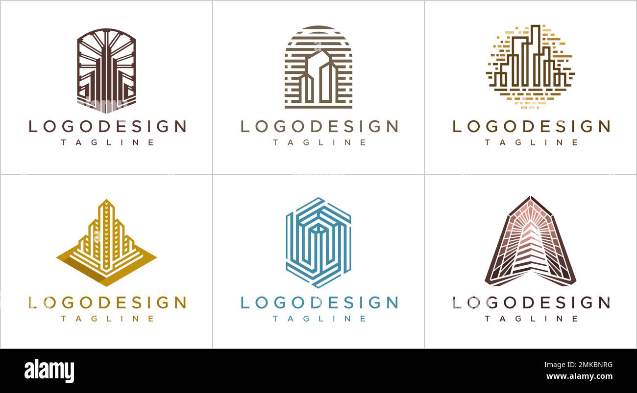 Set di modelli di design del logo della proprietà linee di lusso. Collezione di logo edificio. Illustrazione Vettoriale