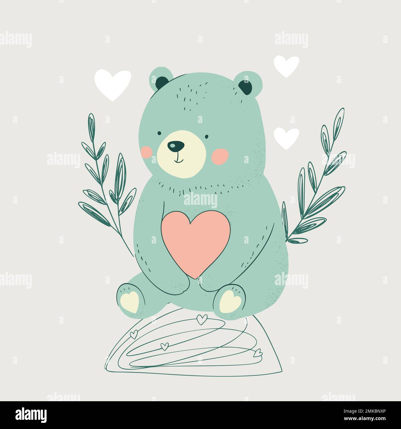 Felice carino piccolo orso divertente personaggio con cuore. Sfondo vettore di saluto di San Valentino. Illustrazione Vettoriale