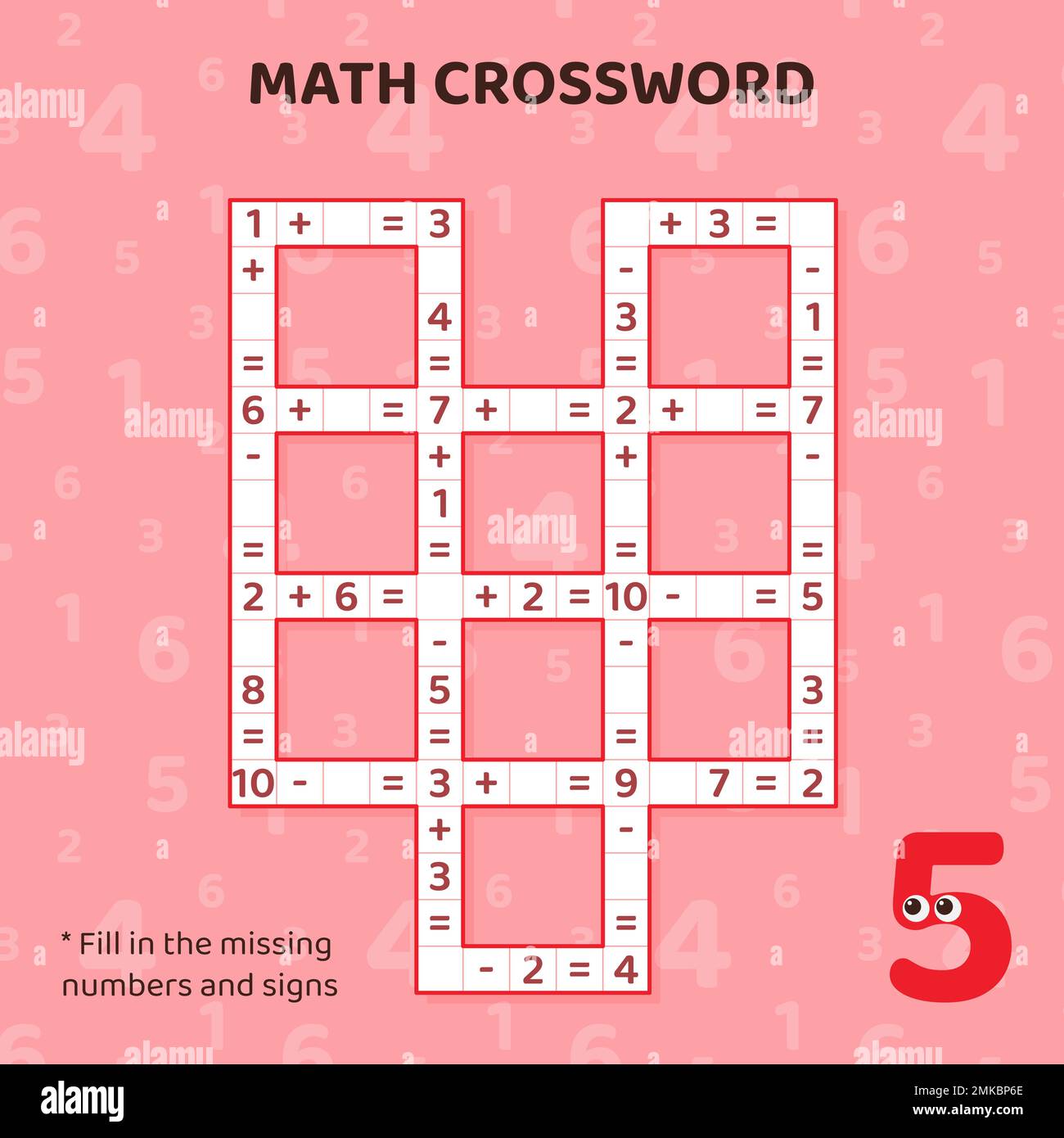 Math Crossword puzzle per bambini. Aggiunta e sottrazione. Illustrazione Vettoriale