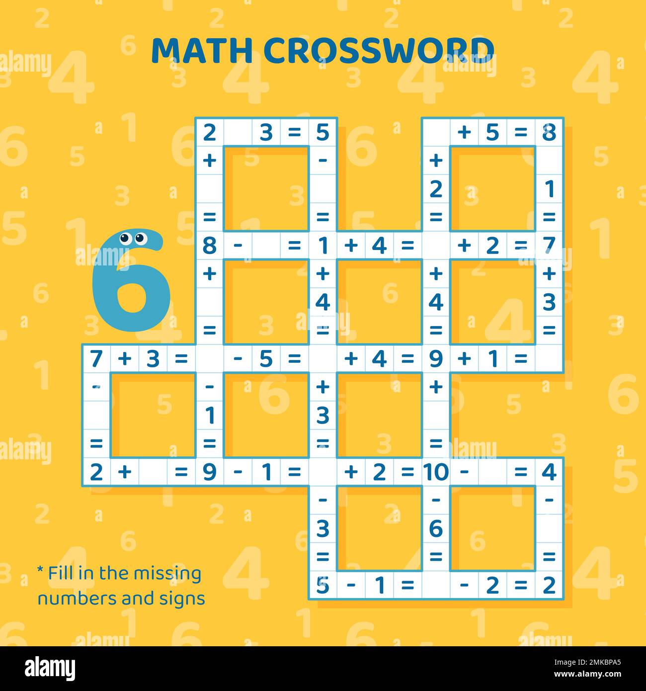 Math Crossword puzzle per bambini. Aggiunta e sottrazione. Illustrazione Vettoriale