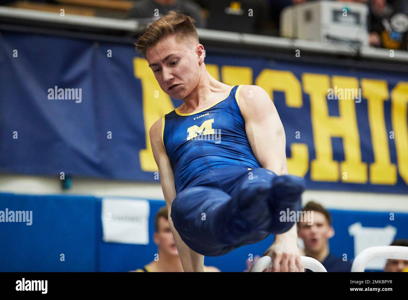 Michigan gymnast Kevin Penev during an NCAA college gymnastics match against Iowa, Saturday, March 9, 2019, in Ann Arbor, Mich. (AP Photo/Rick Osentoski) Foto Stock