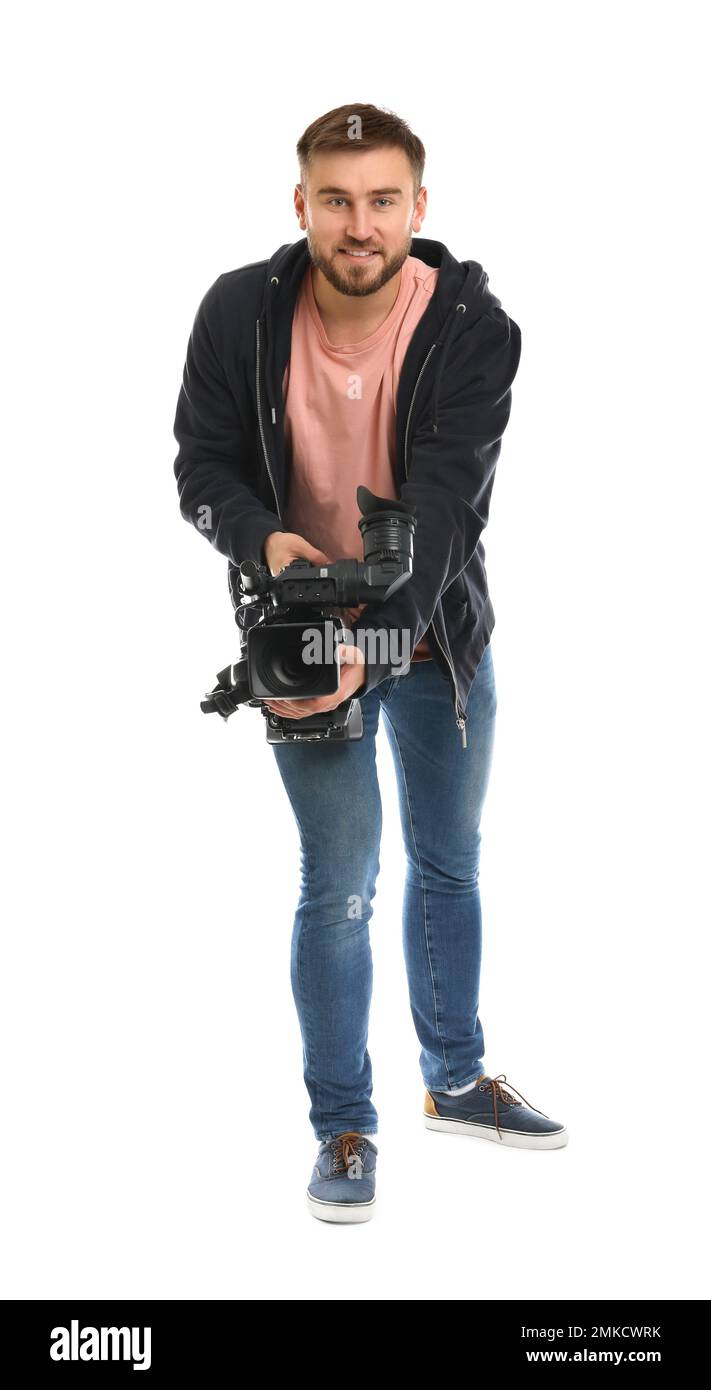 Operatore con videocamera professionale su sfondo bianco Foto Stock