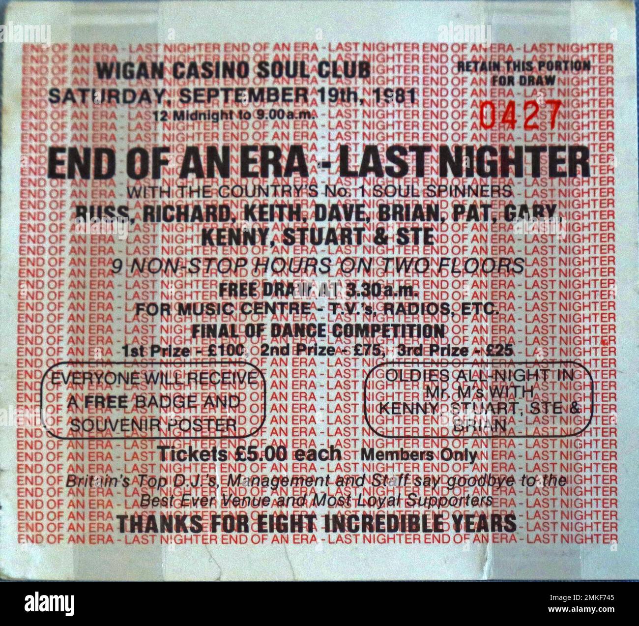 Biglietto per il Wigan Casino Soul Club, tutti i nighter con Russ, Richard, Keith, Dave e Brian Sorteggio libero alle 3:30am - fine di un'era - ultima notte Foto Stock