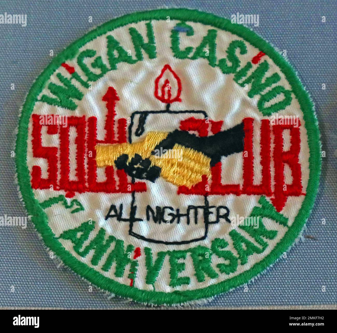 Wigan Casino Soul Club, primo anniversario cucito su badge Foto Stock