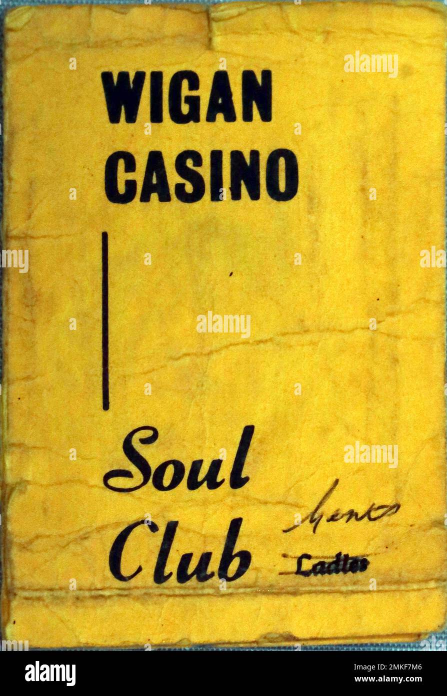 Wigan Casino Soul Club, tessera gentes, Casino Club, Station Road, Wigan, Lancashire, Inghilterra, Regno Unito WN1 0SD Foto Stock