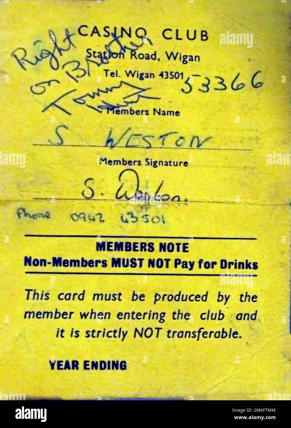 Wigan Casino Soul Club, tessera gentes, Casino Club, Station Road, Wigan, Lancashire, Inghilterra, Regno Unito WN1 0SD Foto Stock