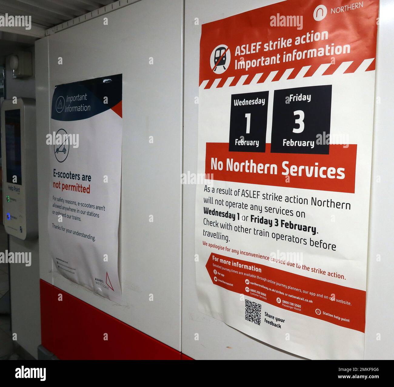 Poster con informazioni su ASLEF treno autista azione sciopero, No Northern Services, Mercoledì 1st febbraio, Venerdì 3rd febbraio, a Warrington Bank Quay, Cheshire Foto Stock