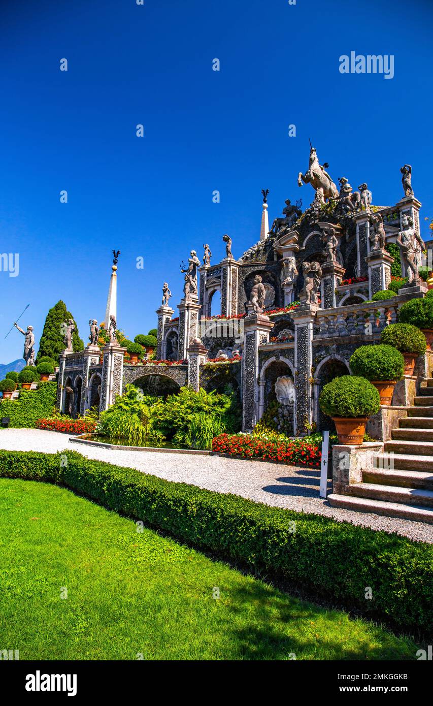 Giardino barocco in stile italiano sull'Isola Bella, nelle isole borromee nel lago maggiore Foto Stock