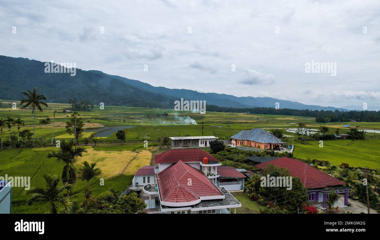 Veduta aerea del campo di riso verde terrazzato a Bukittinggi, Sawah batipuh, sumatra occidentale, Indonesia. Indonesia meravigliosa. Bukittinggi, Indonesia, gennaio Foto Stock