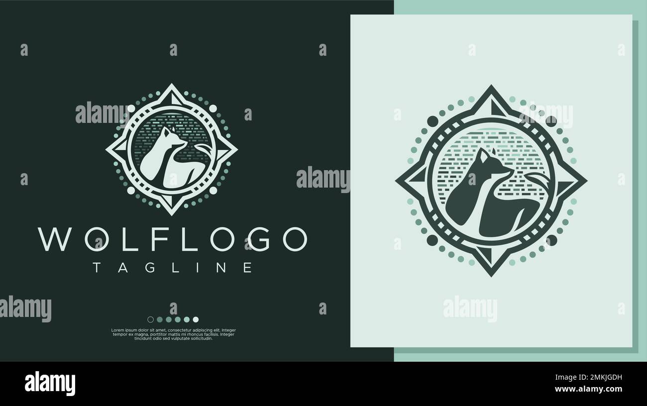 Modello con logo a lupo retrò. Modello vettoriale del logo Adventure Wolf. Illustrazione Vettoriale