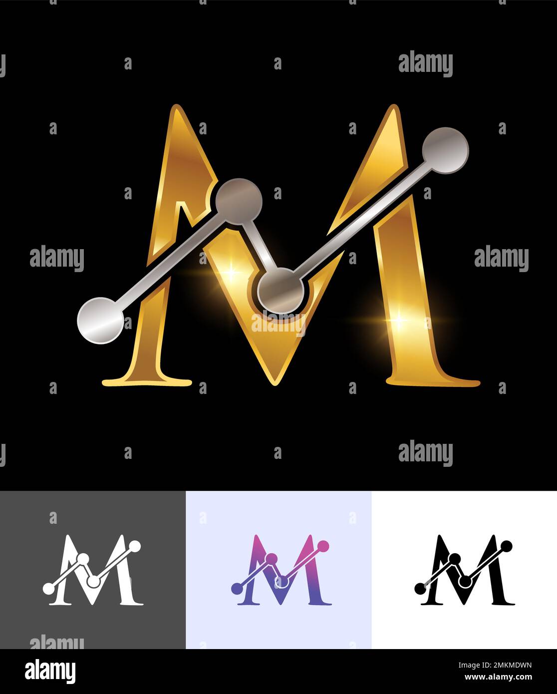 Un set di illustrazioni vettoriali di Golden Technology Monogram Logo Letter M su sfondo nero con effetto lucentezza oro Illustrazione Vettoriale