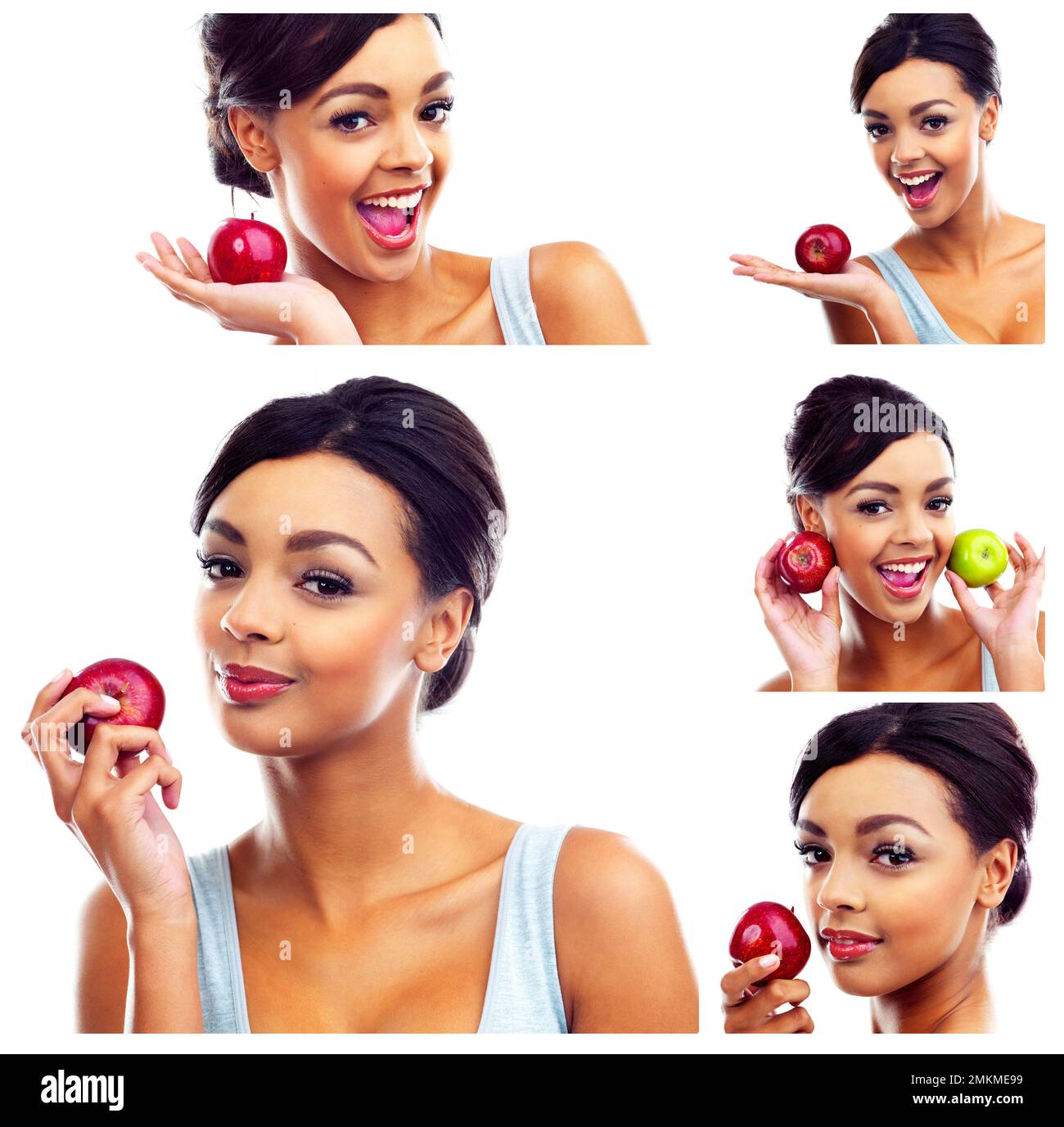Una mela un'immagine day...Composite di una giovane donna attraente che mangia le mele isolate su bianco. Foto Stock