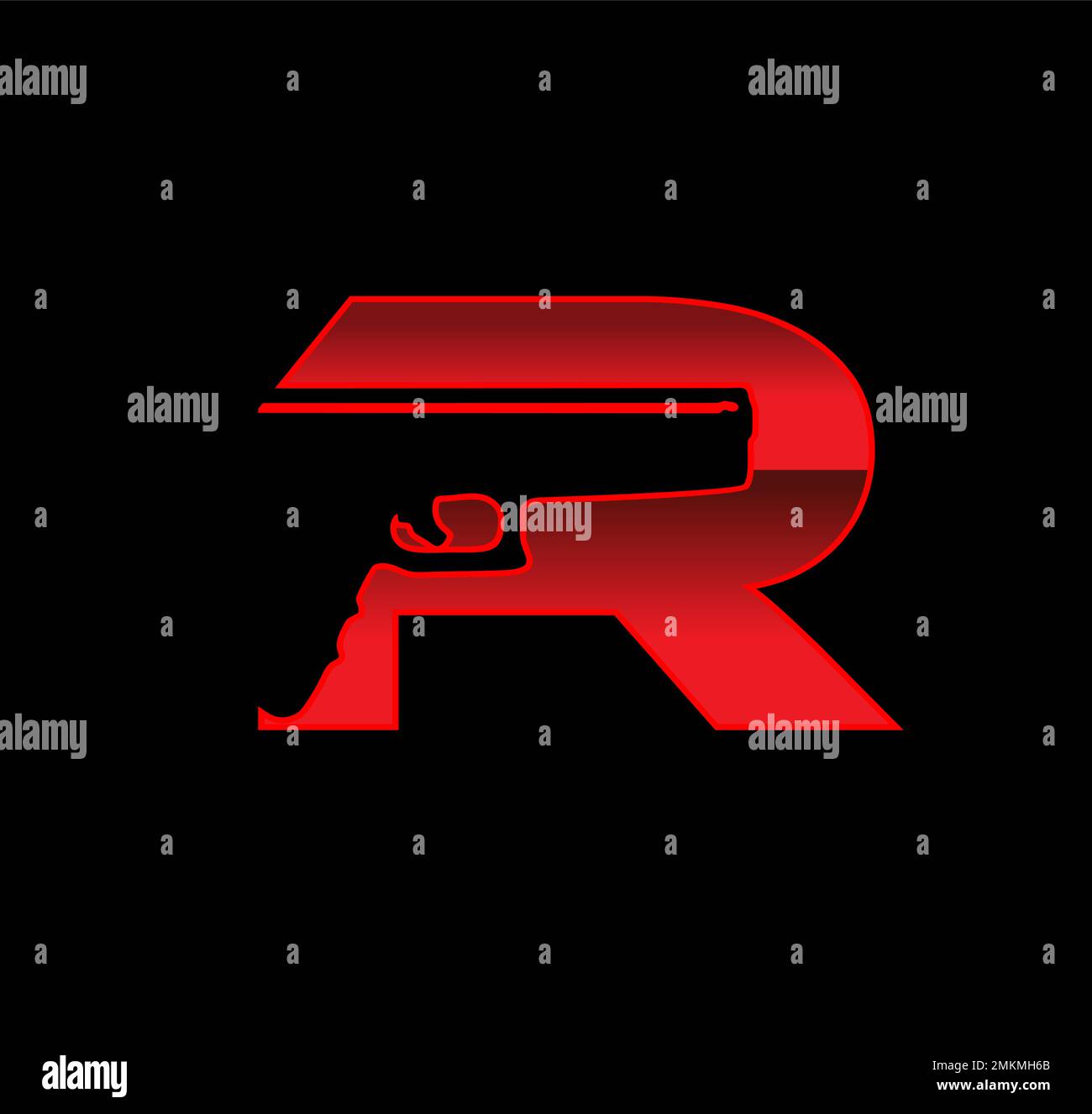Un'illustrazione vettoriale della lettera iniziale del logo del monogramma tattico della pistola R Illustrazione Vettoriale