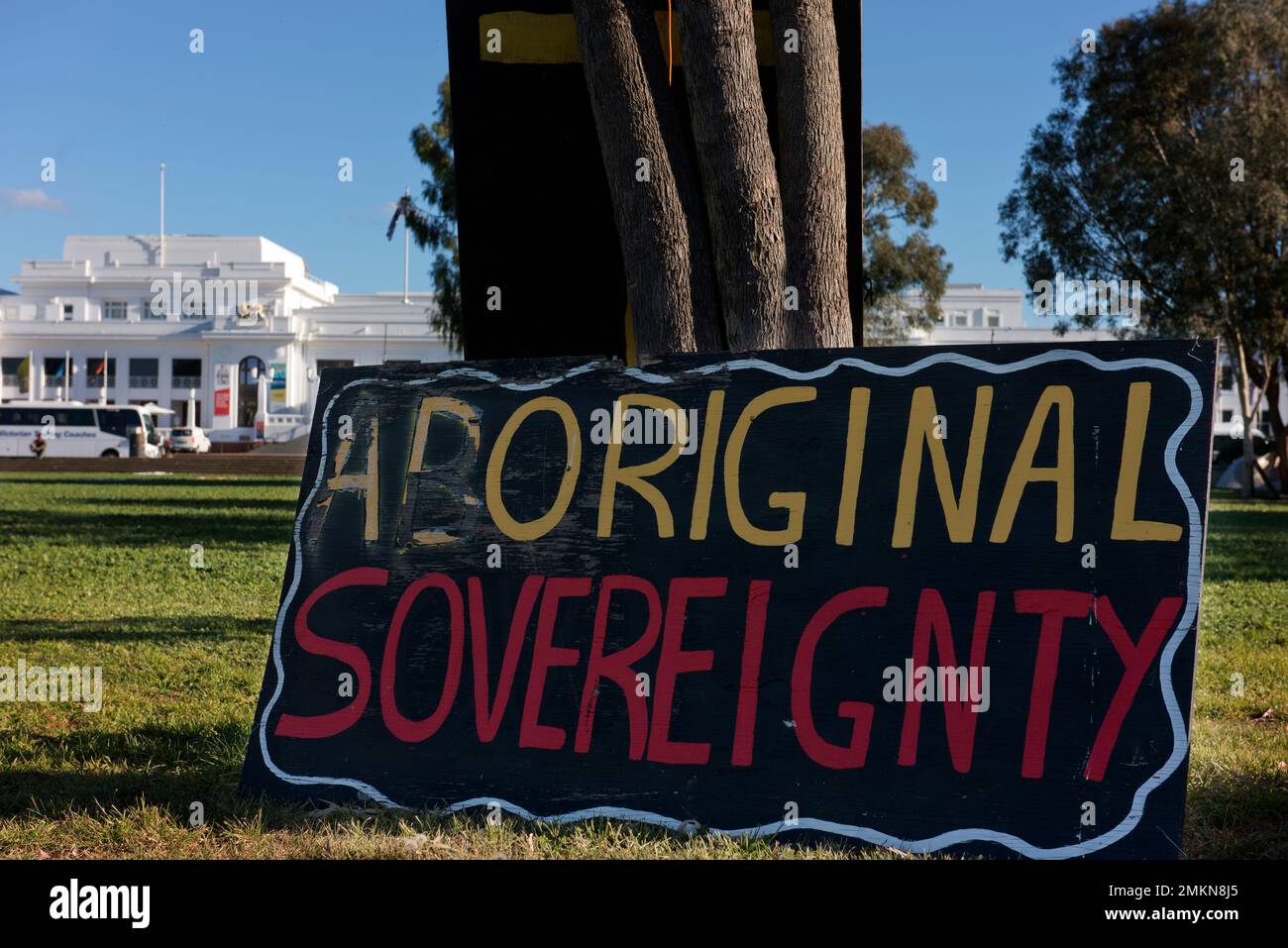 Parte dell'Ambasciata Aborigena della tenda a Canberra. Foto Stock