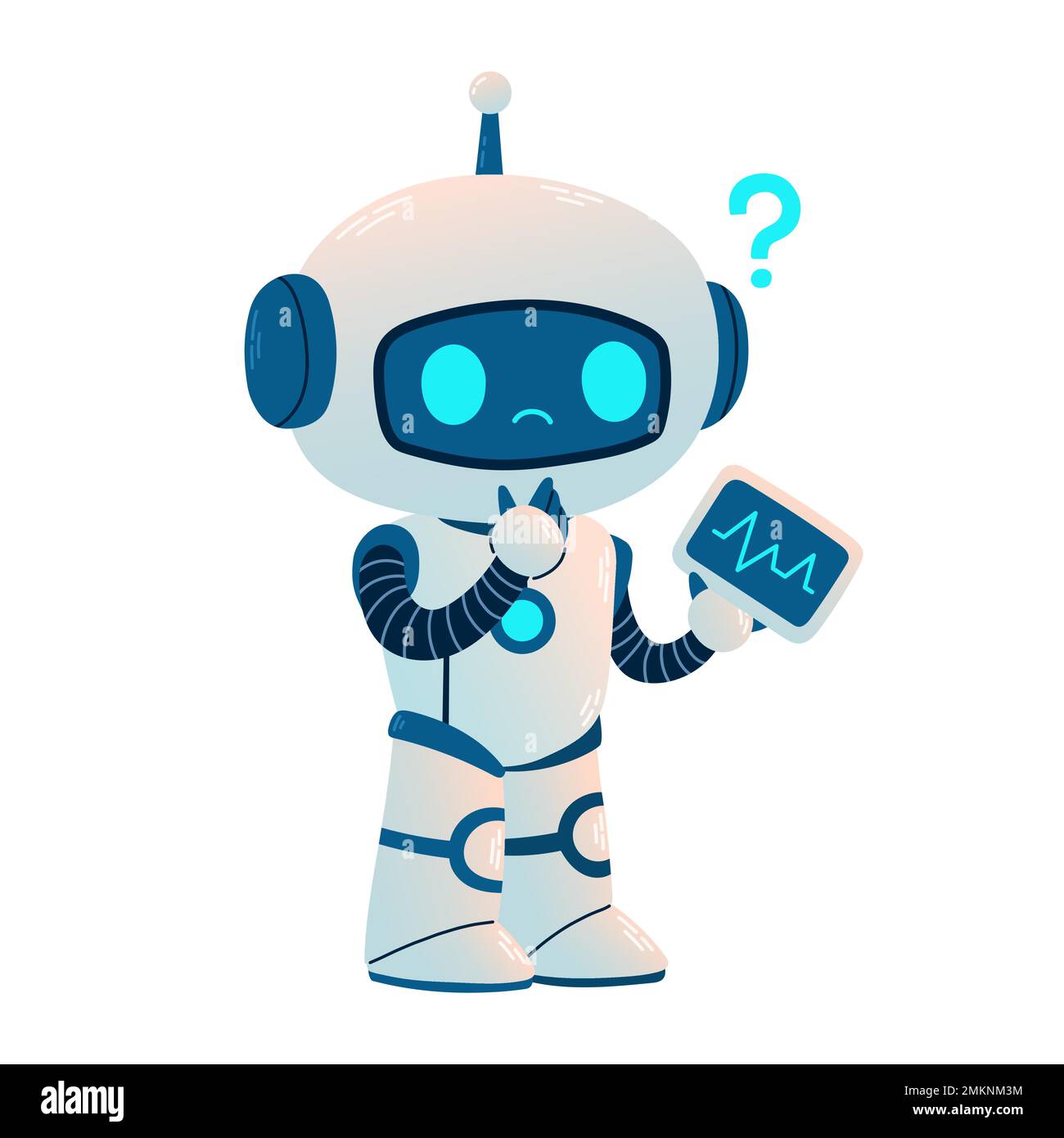 Robot carino con tablet e domanda. Cartoon Science Technology Concept vettore isolato. Stile Cartoon piatto Illustrazione Vettoriale