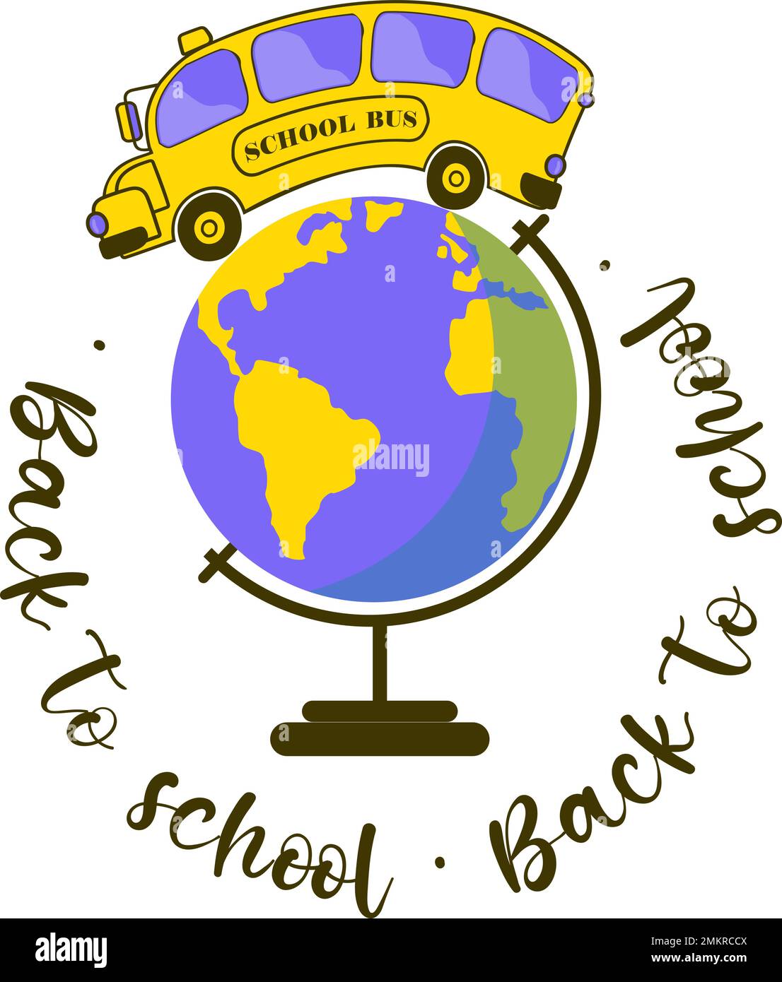 Autobus giallo in viaggio e grande globo disegno in stile piatto su sfondo trasparente Illustrazione Vettoriale