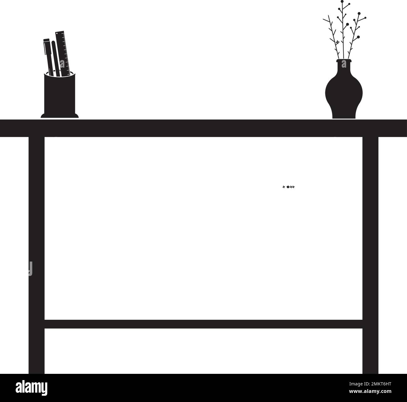 icona della scrivania con decorazioni in vaso di fiori e porta penna, simbolo di illustrazione vettoriale. Illustrazione Vettoriale