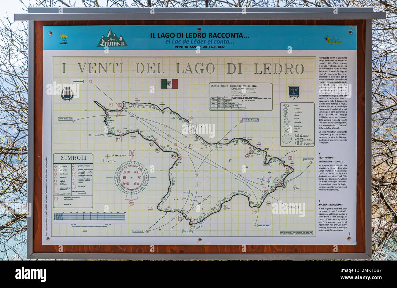 Scheda informativa del Lago di Ledro in Val di Ledro (il lago racconta) - Villaggio di Mezzolago, provincia di Trento, Trentino Alto Adige, Italia, Europa Foto Stock