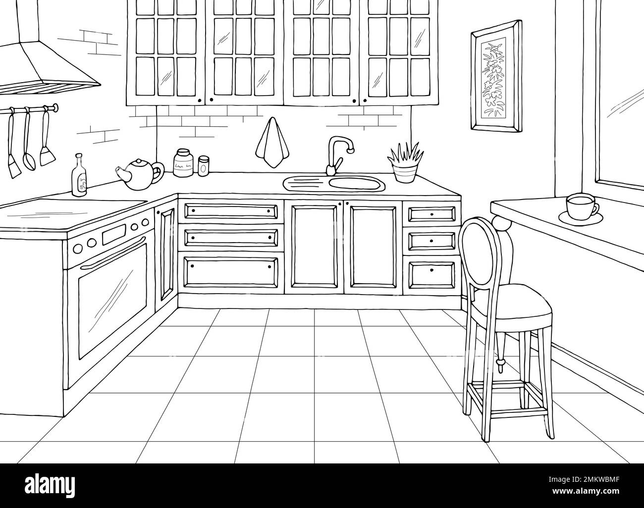 Grafica per cucina camera nero bianco home disegno interno vettore illustrazione Illustrazione Vettoriale