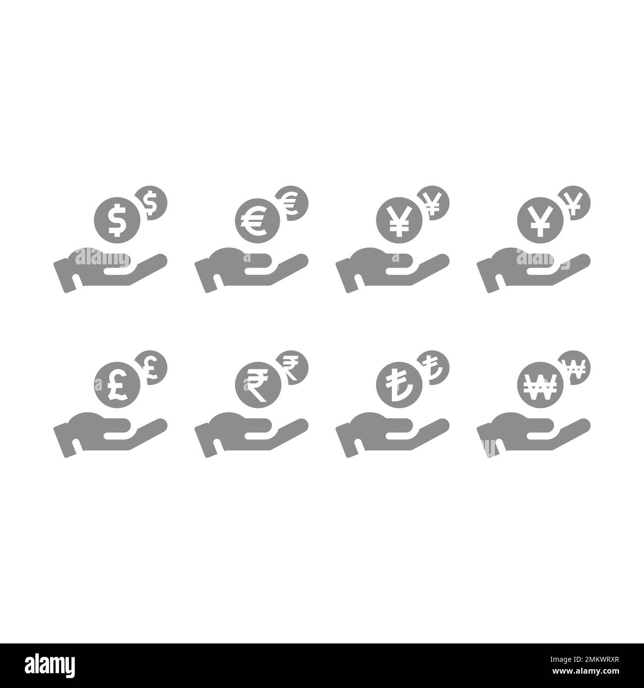 Mano umana e denaro cadere gettone icona set. Icone di riempimento vettoriale di concetto di risparmio e pagamento. Monete del mondo, simboli del dollaro, della sterlina e dell'euro. Illustrazione Vettoriale
