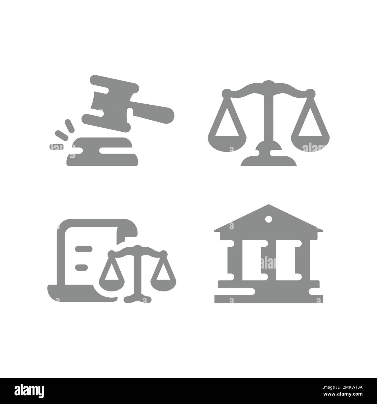 Set di icone pieno di legge e legale o tribunale. Courthouse, scale di giustizia e icone di riempimento martello. Illustrazione Vettoriale