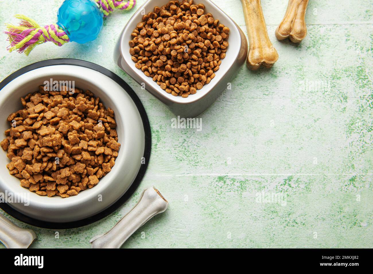 Una ciotola con cibo per cani, dolci per cani e giocattoli su un pavimento di legno. Concetto di cibo sano per cani. Foto Stock