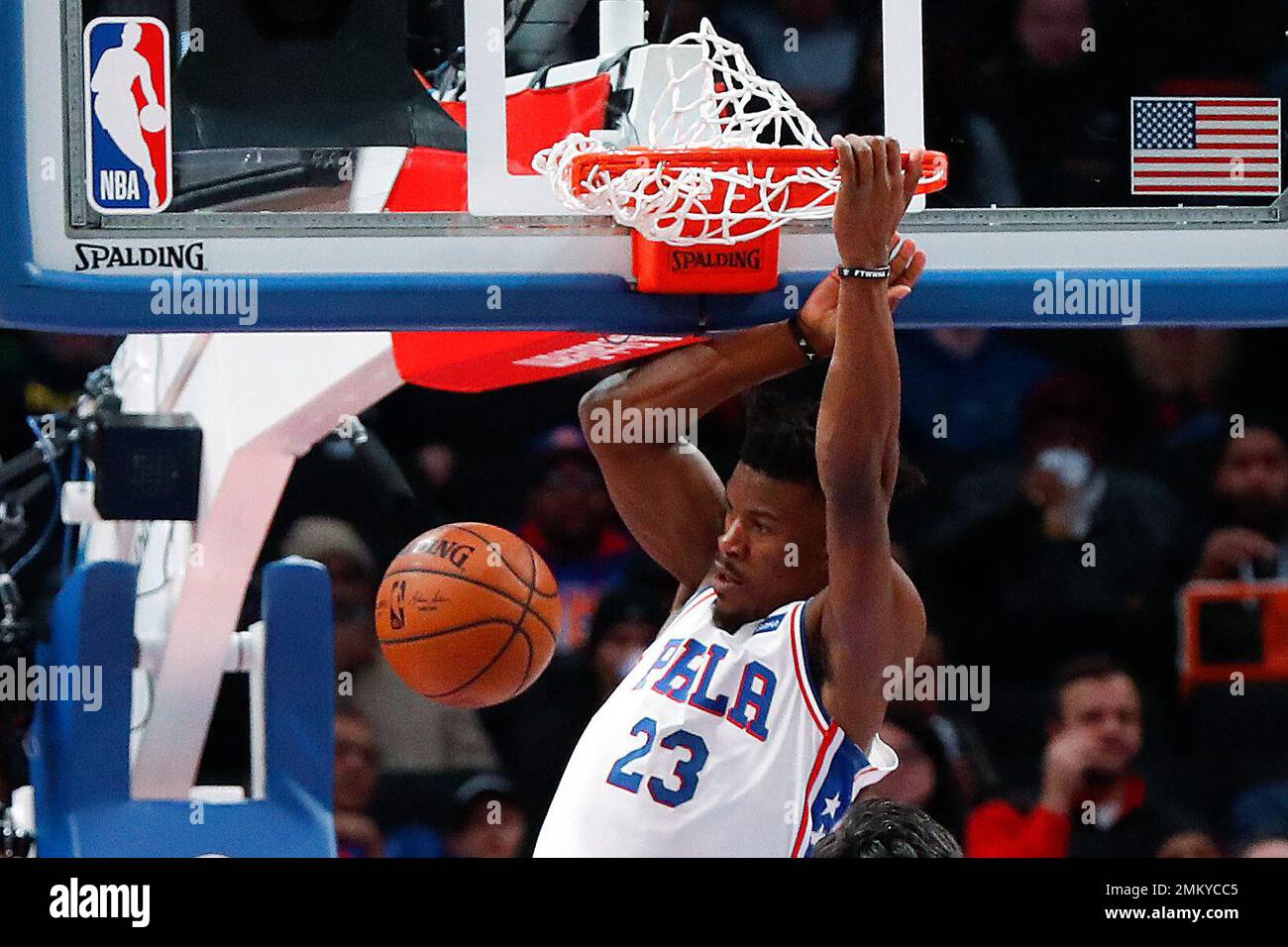 Philadelphia 76ers guard Jimmy Butler dunks against the Detroit Pistons