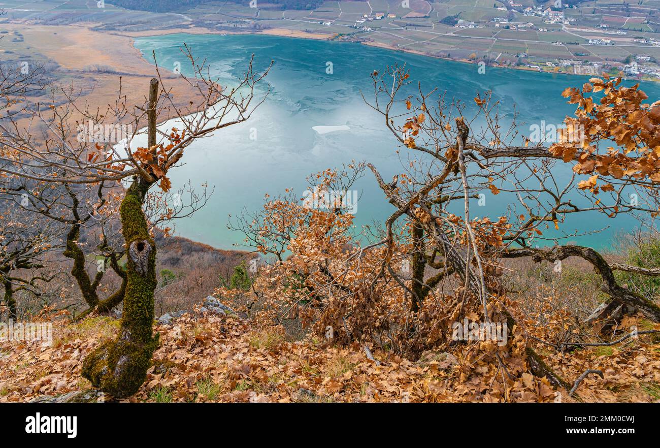 Lago di Caldaro: Vista panoramica sul bellissimo lago nella stagione invernale. Caldaro in Alto Adige, provincia di Bolzano, Trentino Alto Adige, Italia settentrionale Foto Stock