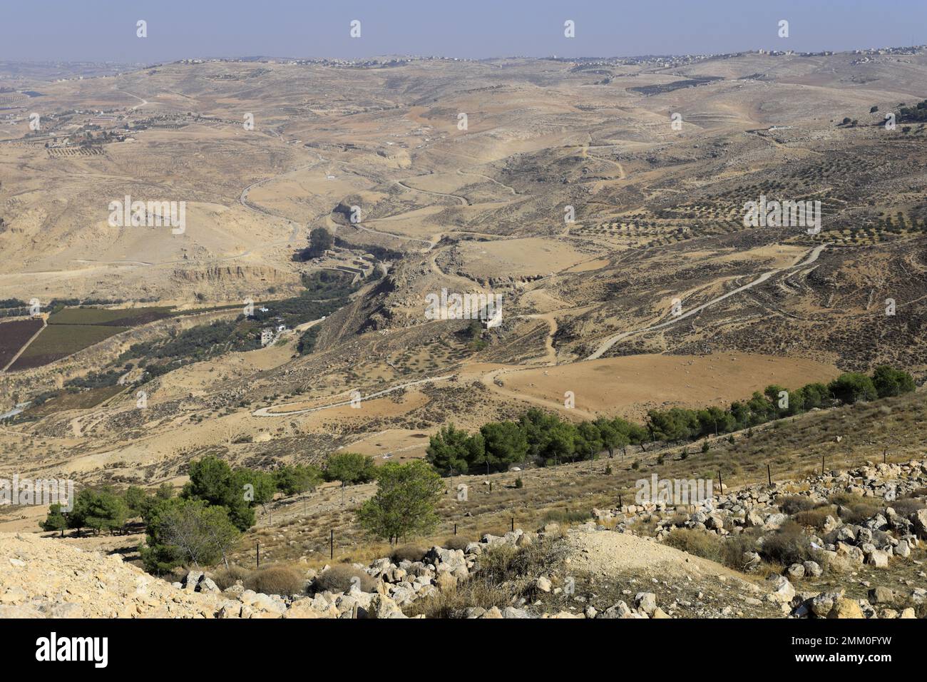 La Valle di Moses Spring (Wadi Ayun Musa), vista dal Monte Nebo Giordania, Medio Oriente Foto Stock