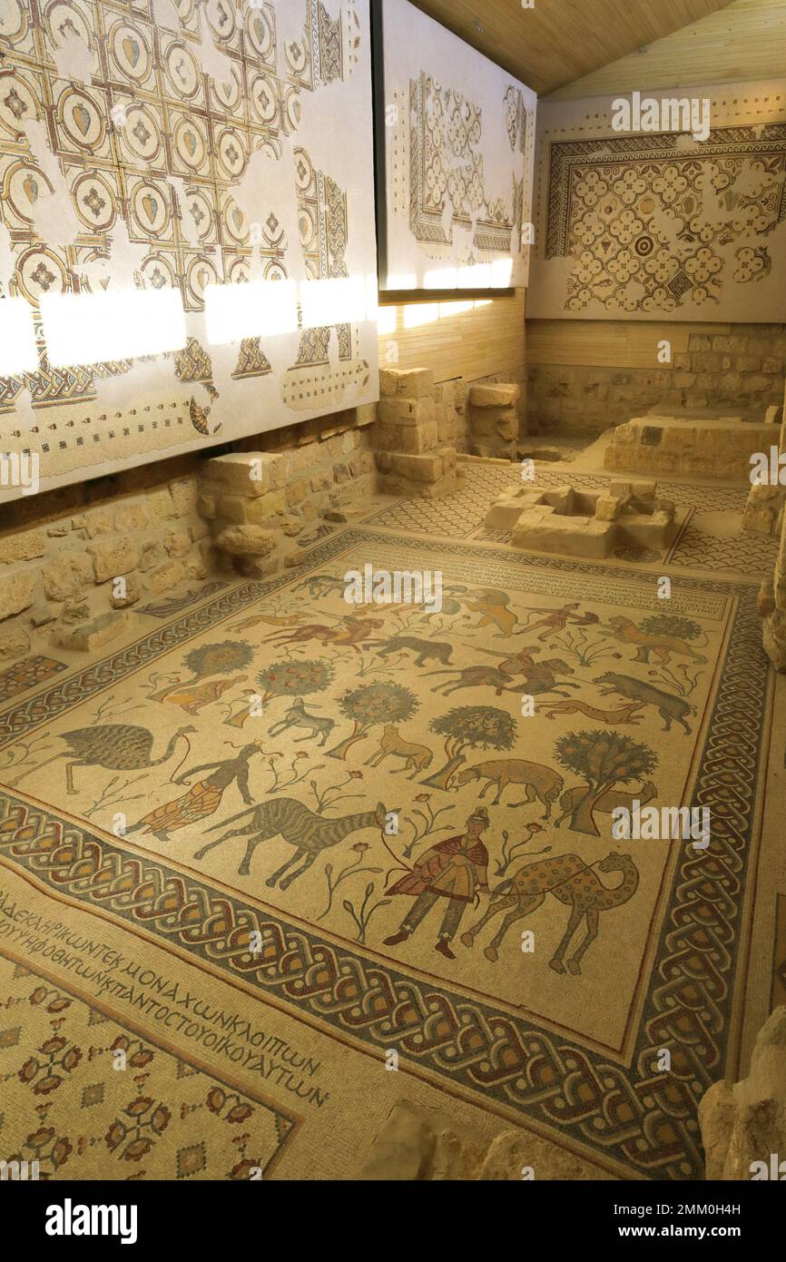 Pavimento a mosaico nella Chiesa commemorativa di Mosè, Monte Nebo, Governatorato di Madaba, Giordania, Medio Oriente Foto Stock