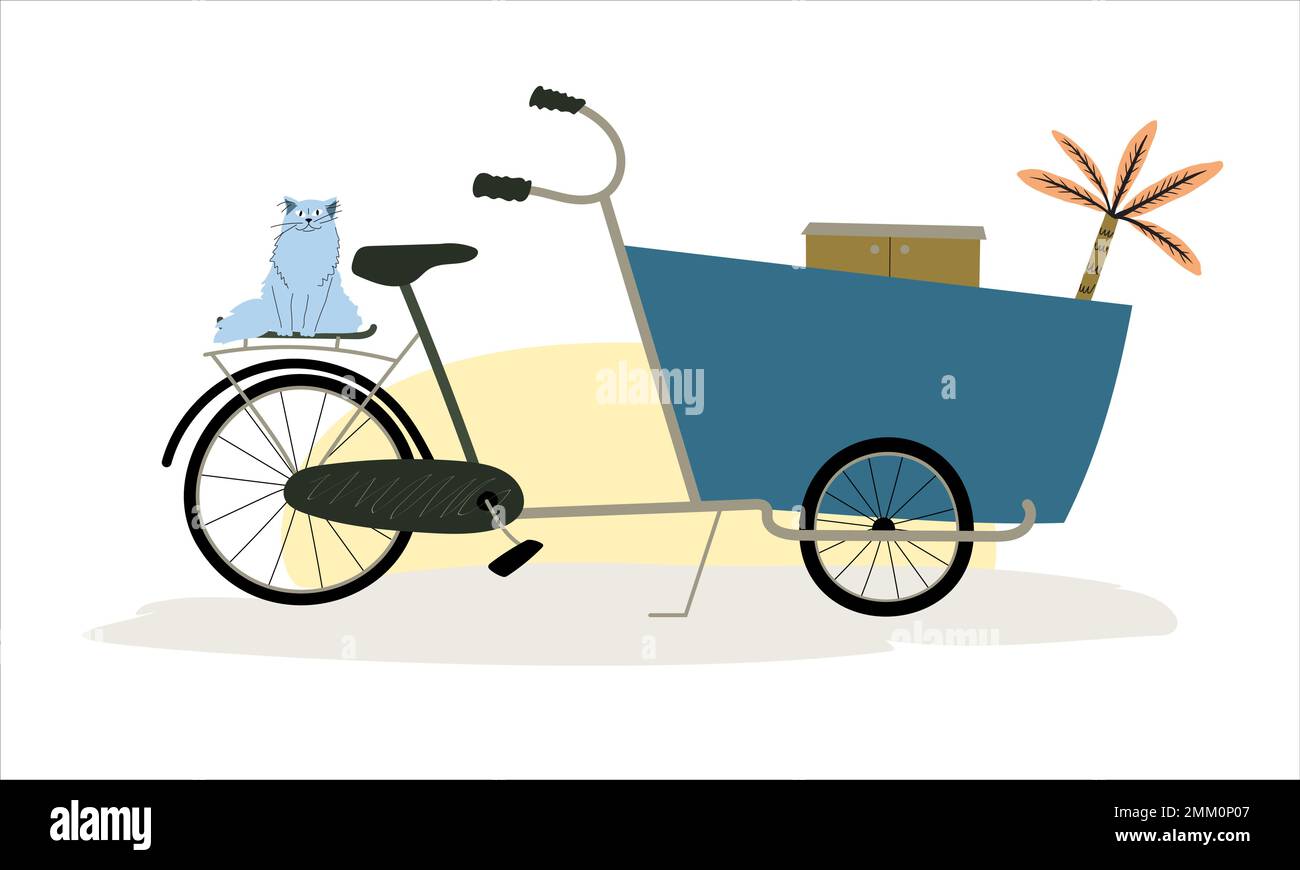 Bakfiets della bici del carico in piedi al parcheggio con roba nella scatola e gatto sul tronco. Illustrazione Vettoriale