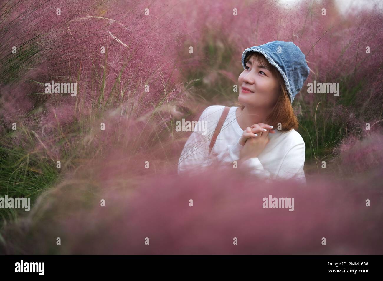 Sorridere bella giovane donna asiatica circondata da erba di muhly rosa (muhlenbergia capillaris) Foto Stock