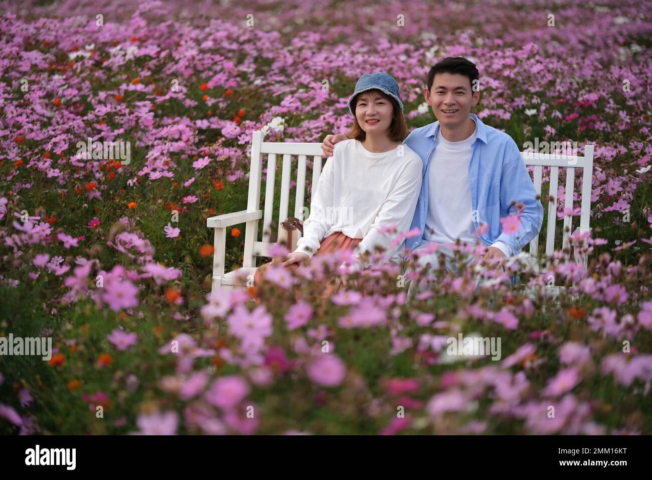 Sorridi i giovani amanti asiatici seduti su panca circondata da fiori rosa galsang in giardino, guardando la macchina fotografica Foto Stock