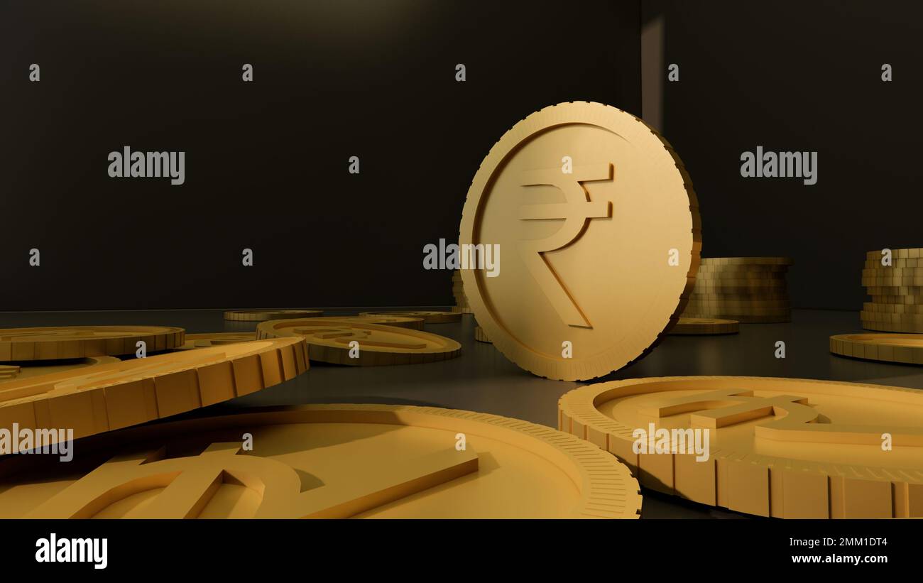Indiano Rupee segno oro sfondo moneta INR monete nero sfondo digitale crescita economia business finanza 3D illustrazione Foto Stock