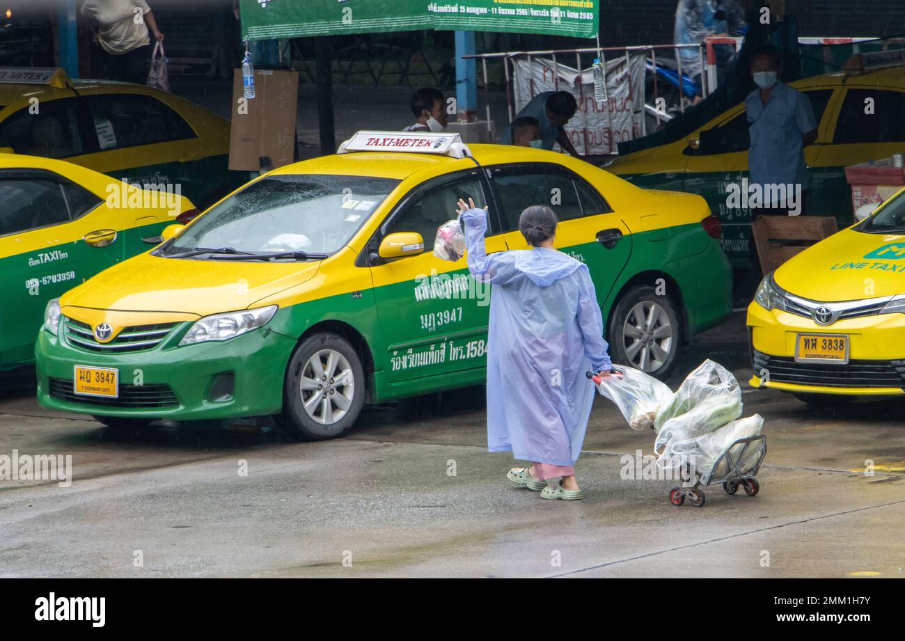 SAMUT PRAKAN, THAILANDIA, 26 settembre 2022, una donna in un impermeabile tira un carrello con shopping al mercato e vuole prendere un taxi su una strada piovosa Foto Stock
