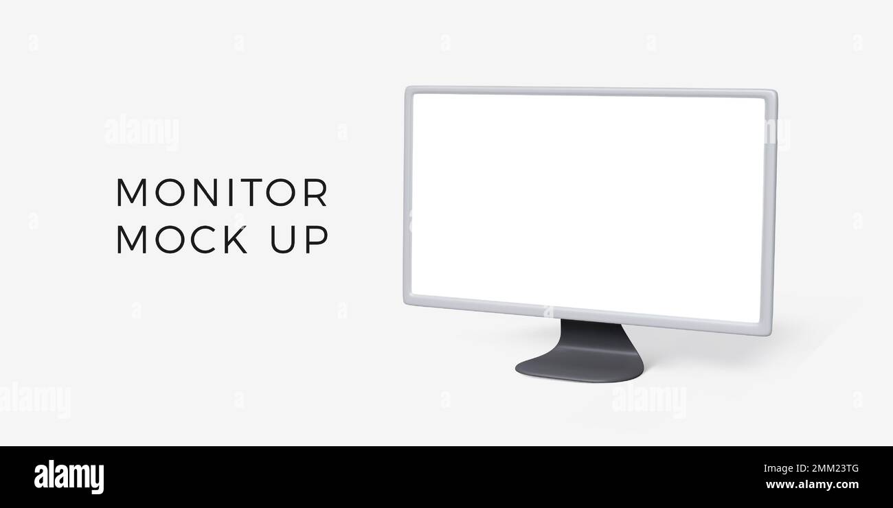 Monitor per PC con schermo bianco in stile 3D. Display lcd per personal computer realistico. Moderno modello di gadget per banner. Illustrazione vettoriale Illustrazione Vettoriale