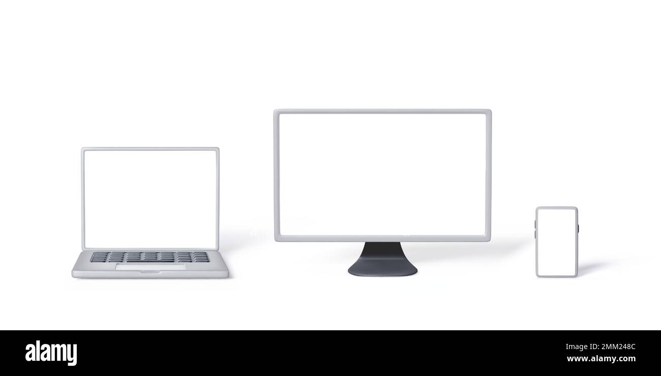 Modello di notebook color argento, monitor PC, smartphone per banner Web o pubblicità. 3D gadget realistici isolati su sfondo bianco. Dispositivi per computer w Illustrazione Vettoriale