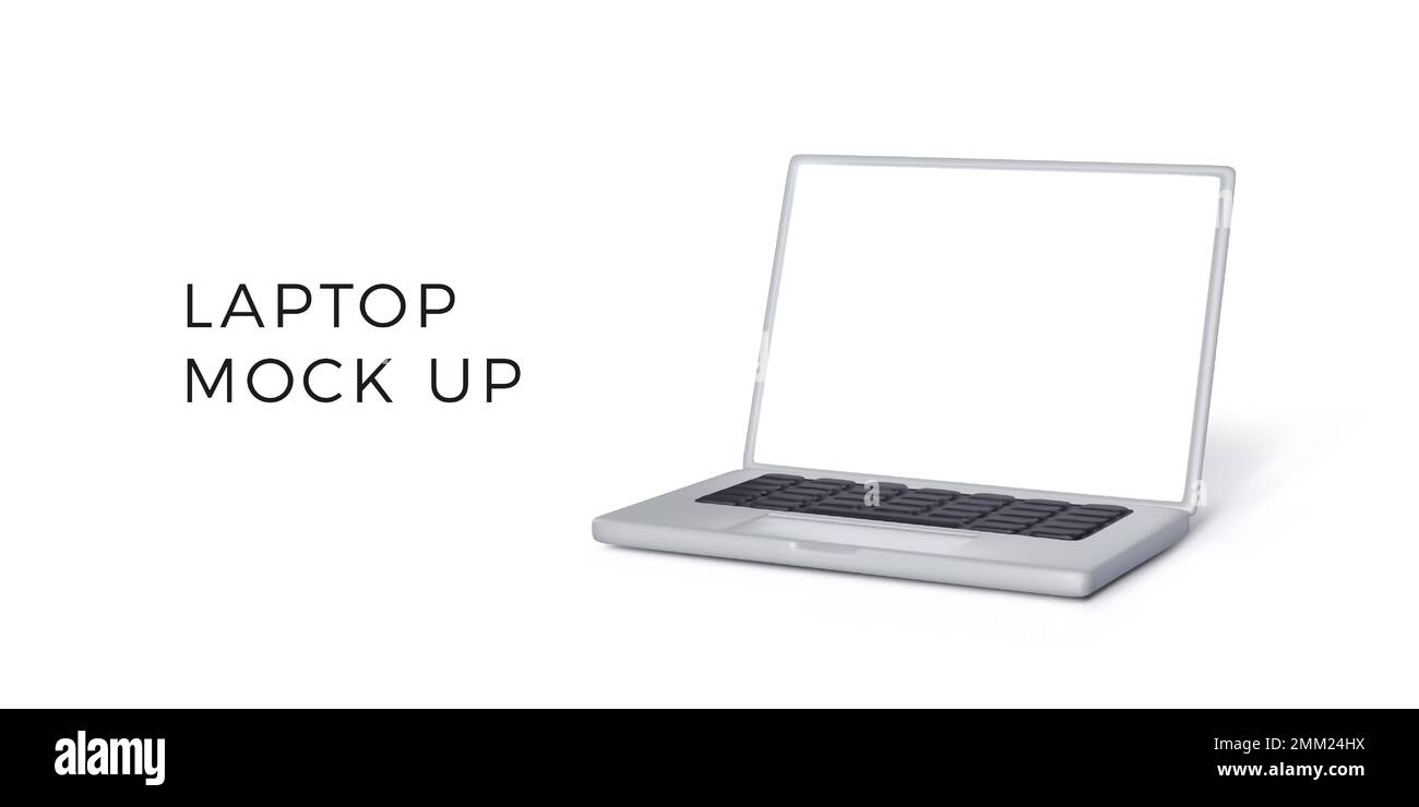 3D laptop con apertura in argento e tastiera nera con schermo bianco pulito. Rendering realistico di un moderno computer portatile. Banner o presentazione aziendale Illustrazione Vettoriale